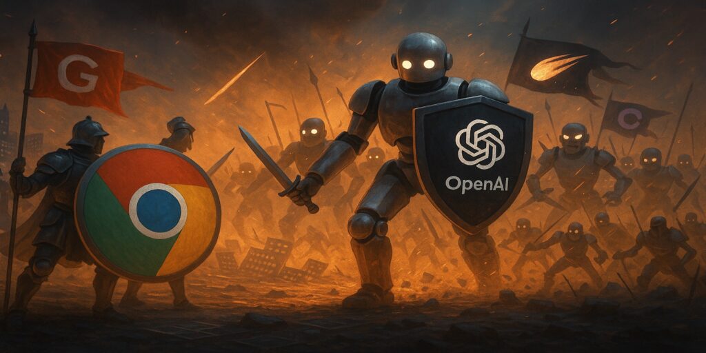 AI robots clash with Chrome warriors in a tech-themed battlefield